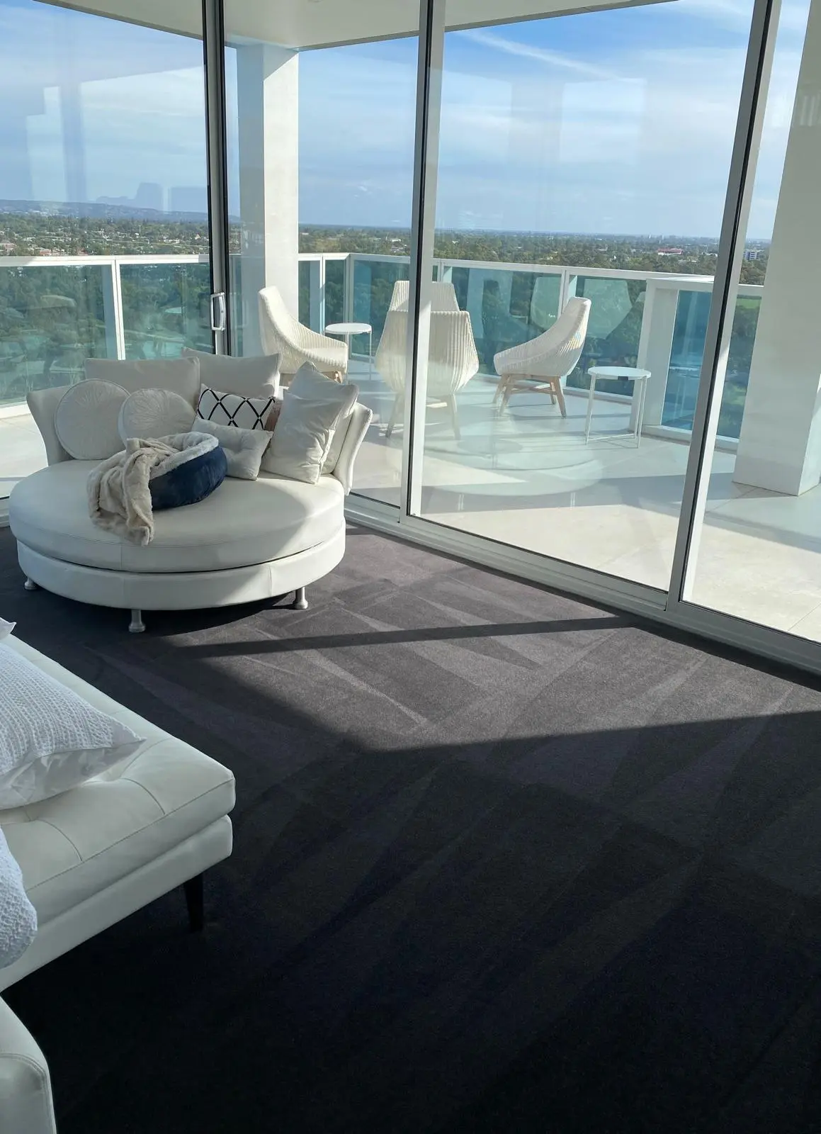 Freshly cleaned dark carpet in a bright apartment with balcony views