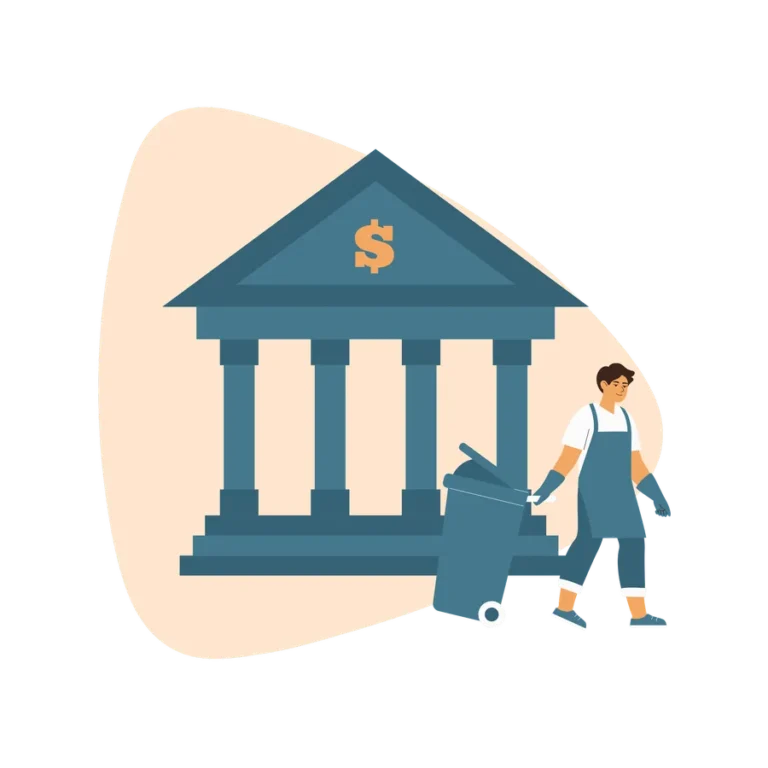 Illustration of a cleaner pushing a bin in front of a bank building