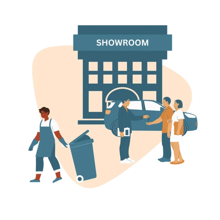 Illustration of a car showroom with a cleaner outside