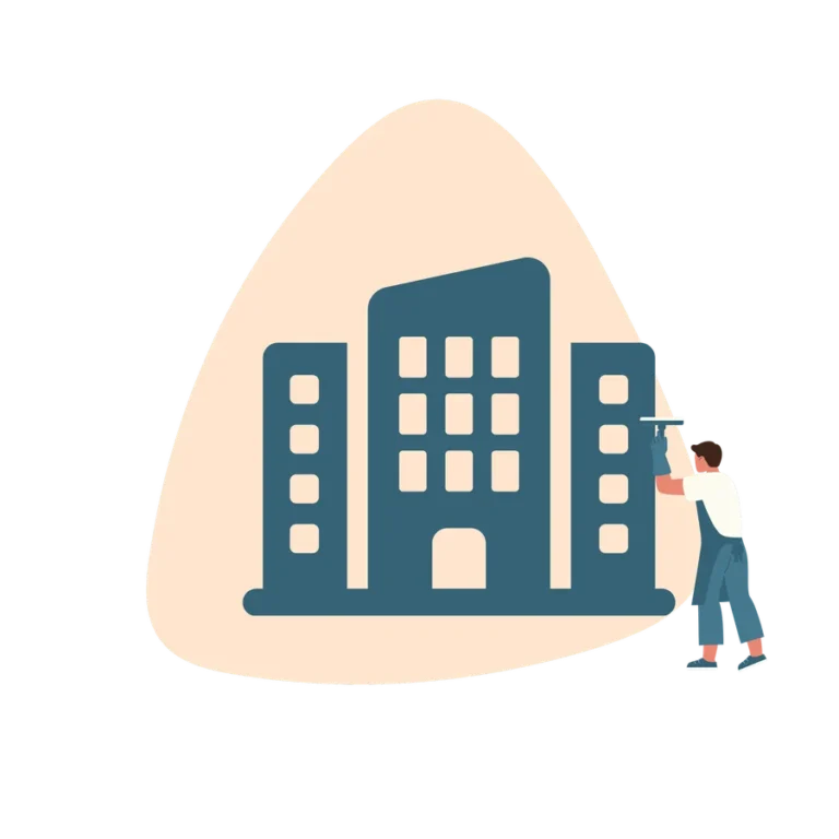 Illustration of a cleaner washing an office building