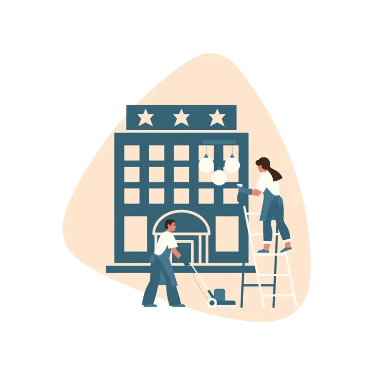 Illustration of cleaners working on a hotel facade