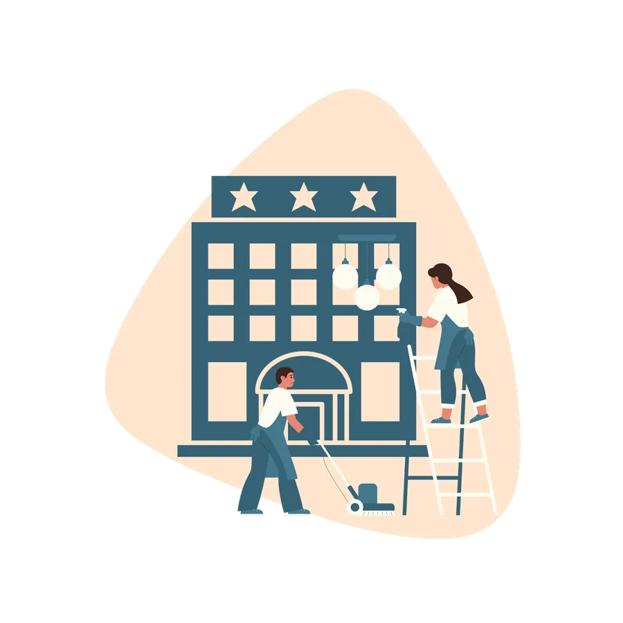 Illustration of cleaners working on a hotel facade
