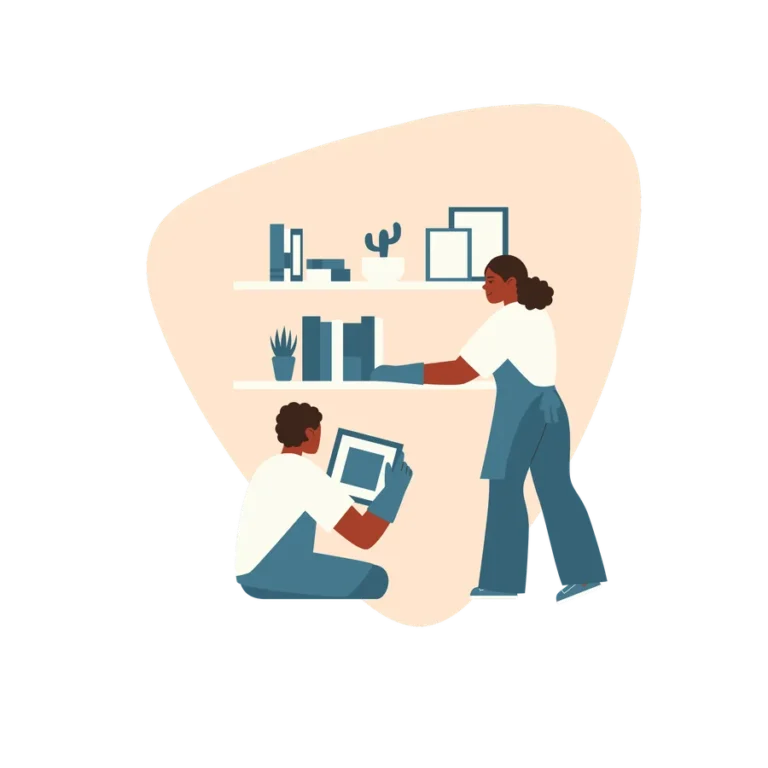 Illustration of two cleaners organising an office room