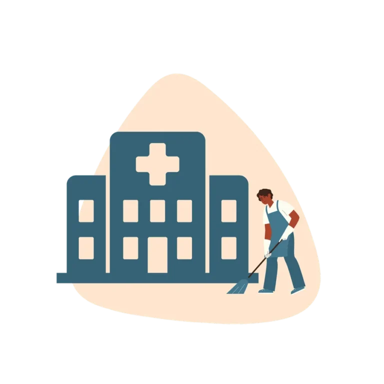 Illustration of a cleaner mopping outside a hospital