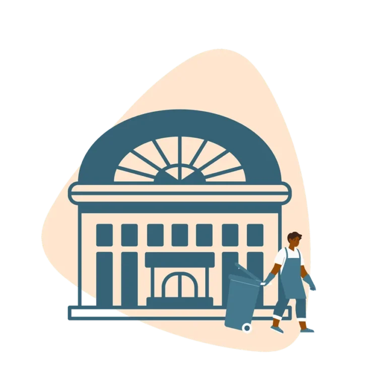 Illustration of a cleaner in front of a public building