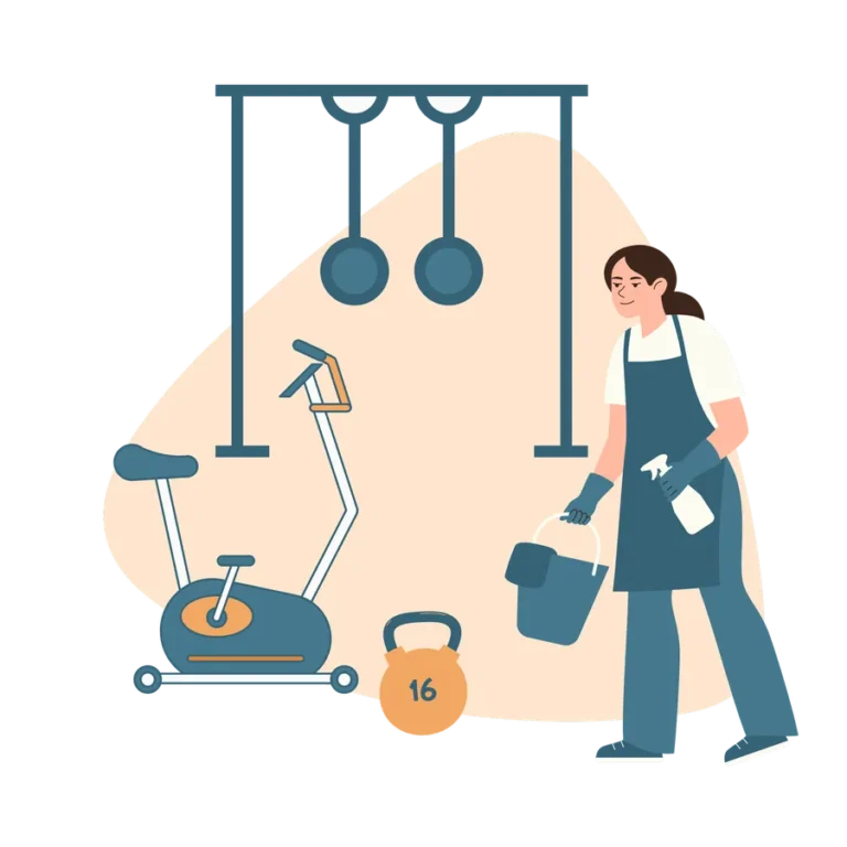 Illustration of a cleaner wiping gym equipment