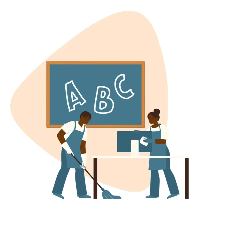 Illustration of two cleaners in a classroom