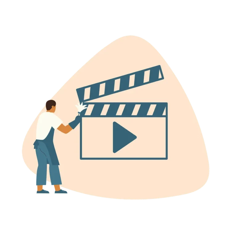 Illustration of a cleaner next to a film clapperboard