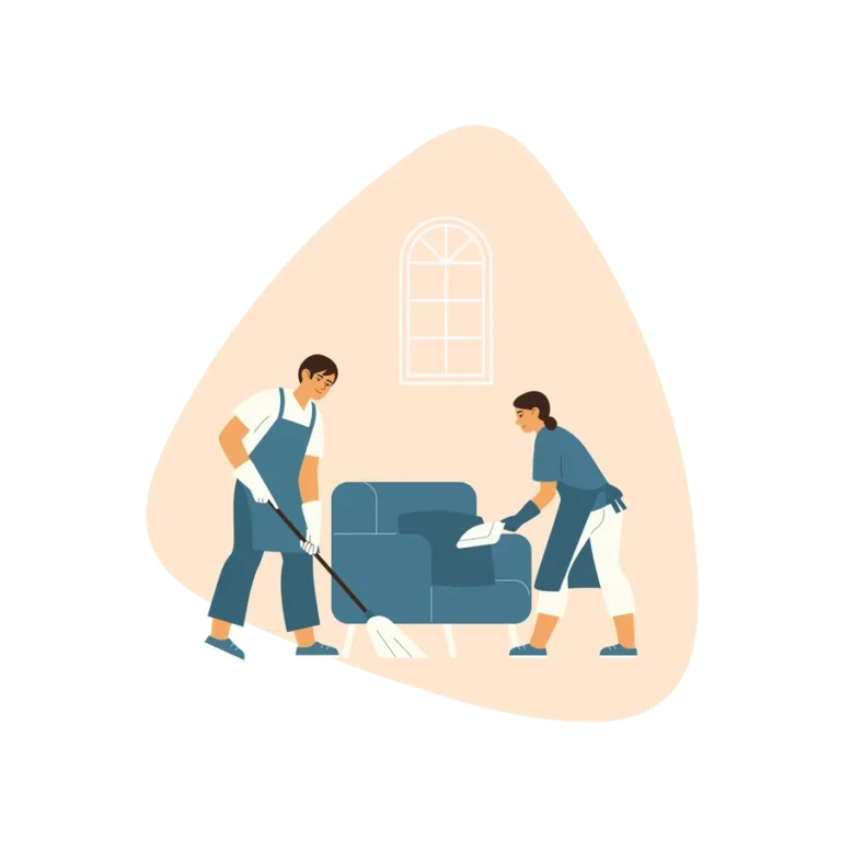 Illustration of two cleaners cleaning a sofa at home