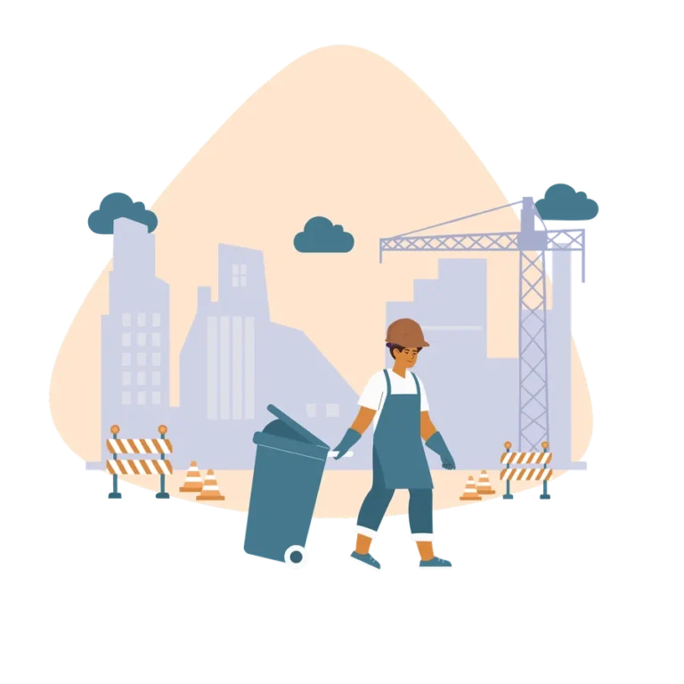 Illustration of a worker carrying a bin on a construction site