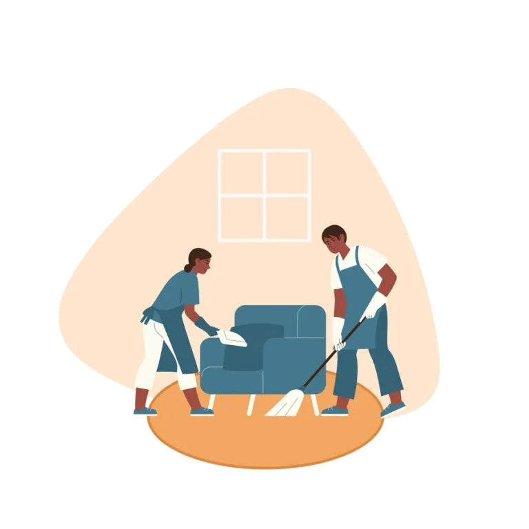Illustration of two cleaners vacuuming an armchair and carpet
