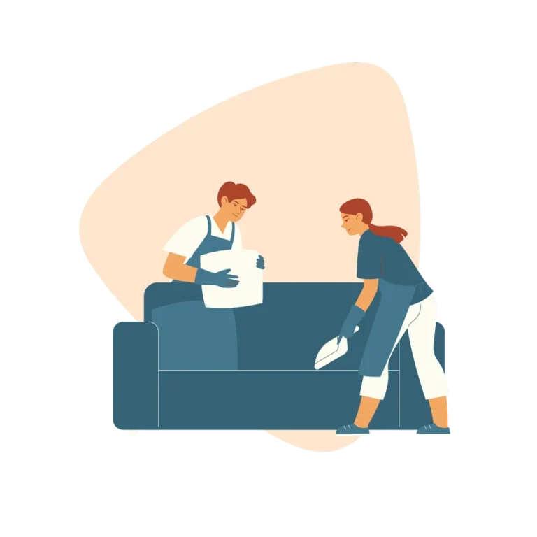 Illustration of two cleaners deep cleaning a sofa
