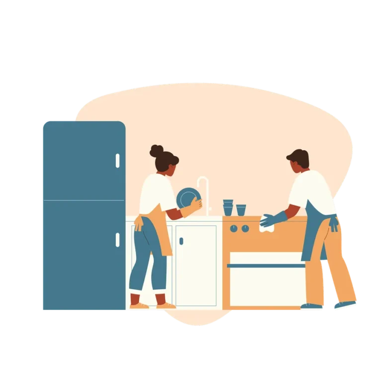 Illustration of two cleaners cleaning a kitchen