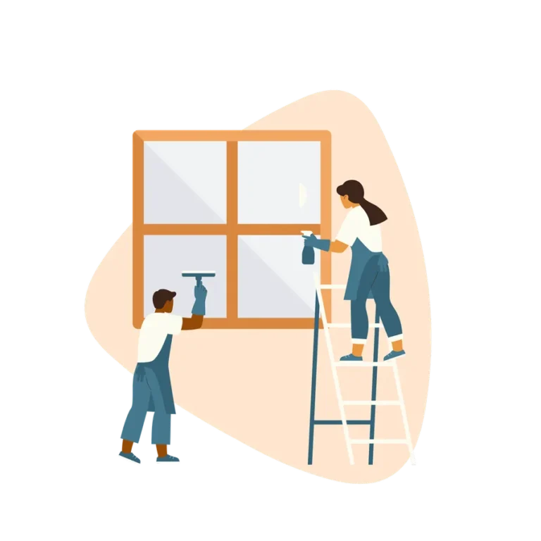 Illustration of two cleaners washing a large window
