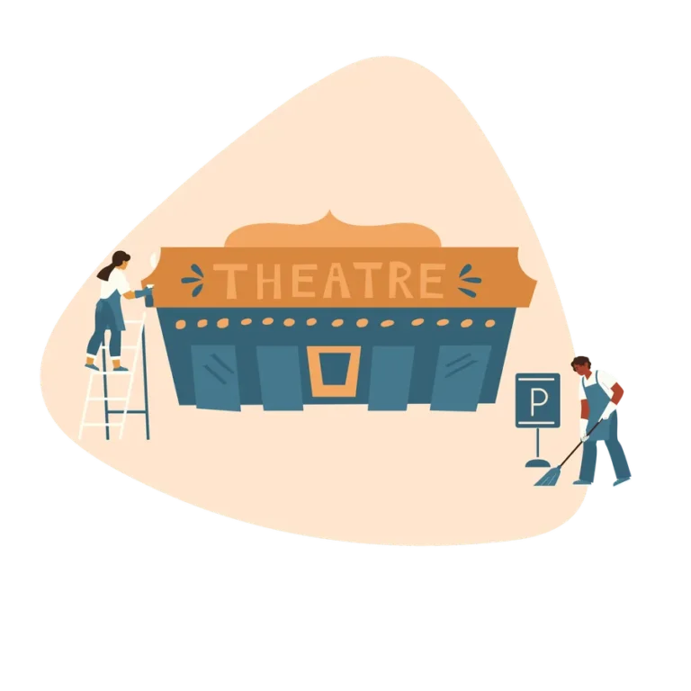 Illustration of workers cleaning a building facade and car park
